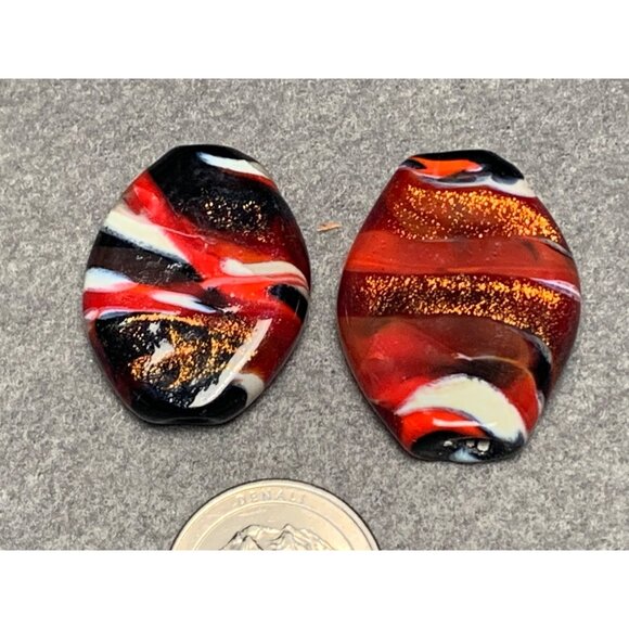 Handcrafted Lampwork Glass Beads - Red Black & Gold Glitter Swirl 2 Pcs Oval Sha - Picture 3 of 6